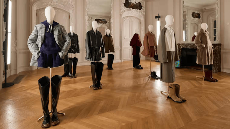 Exposición de looks en una sala con espejos y suelos de madera, con prendas que incluyen chaquetas de cuadros, faldas midi y botas de cuero en el desfile de Loewe.